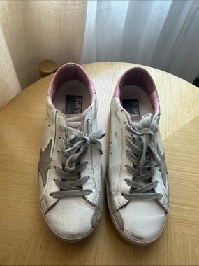 Golden Goose White Sneakers with Gray Accents and Pink Lining